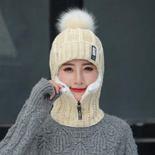 Load image into Gallery viewer, Coral Fleece Winter Women Knitted Hats Add Fur Warm Winter Hats For Women With Zipper Keep Face Warmer Balaclava Pompoms Cap Balaclava Gorgas Bonnet Knitted Hat Windproof Ski Mask Cold Weather Face Mask Motorcycle Balaclava Hood Warmer Winter Sports Cap