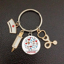 Load image into Gallery viewer, Creative Doctor Keychain Unique Personality Syringe Stethoscope Pendant Keychain Cartoon Colorful Handbag Pendant Keychain Doctor Injection Stethoscope Picture Keychain Round Dome Pendant Women Alloy Keychain