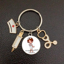 Load image into Gallery viewer, Creative Doctor Keychain Unique Personality Syringe Stethoscope Pendant Keychain Cartoon Colorful Handbag Pendant Keychain Doctor Injection Stethoscope Picture Keychain Round Dome Pendant Women Alloy Keychain