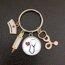 Load image into Gallery viewer, Creative Doctor Keychain Unique Personality Syringe Stethoscope Pendant Keychain Cartoon Colorful Handbag Pendant Keychain Doctor Injection Stethoscope Picture Keychain Round Dome Pendant Women Alloy Keychain