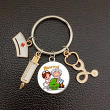 Load image into Gallery viewer, Creative Doctor Keychain Unique Personality Syringe Stethoscope Pendant Keychain Cartoon Colorful Handbag Pendant Keychain Doctor Injection Stethoscope Picture Keychain Round Dome Pendant Women Alloy Keychain