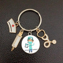 Load image into Gallery viewer, Creative Doctor Keychain Unique Personality Syringe Stethoscope Pendant Keychain Cartoon Colorful Handbag Pendant Keychain Doctor Injection Stethoscope Picture Keychain Round Dome Pendant Women Alloy Keychain