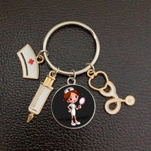 Load image into Gallery viewer, Creative Doctor Keychain Unique Personality Syringe Stethoscope Pendant Keychain Cartoon Colorful Handbag Pendant Keychain Doctor Injection Stethoscope Picture Keychain Round Dome Pendant Women Alloy Keychain