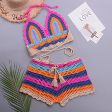 Load image into Gallery viewer, Crochet Bikini Sets Multi Color Knitted Rainbow Striped Off Shoulder Top Bottom Bikini Women's Crochet Striped Lace Up Shorts Bikini Set 2 PCS Knit Bathing Suit Swimsuit Beachwear Bathing Suit Women Swimsuit