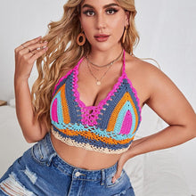 Load image into Gallery viewer, Crochet Bikini Sets Multi Color Knitted Rainbow Striped Off Shoulder Top Bottom Bikini Women's Crochet Striped Lace Up Shorts Bikini Set 2 PCS Knit Bathing Suit Swimsuit Beachwear Bathing Suit Women Swimsuit