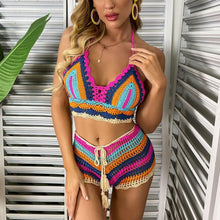 Load image into Gallery viewer, Crochet Bikini Sets Multi Color Knitted Rainbow Striped Off Shoulder Top Bottom Bikini Women's Crochet Striped Lace Up Shorts Bikini Set 2 PCS Knit Bathing Suit Swimsuit Beachwear Bathing Suit Women Swimsuit