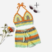 Load image into Gallery viewer, Crochet Bikini Sets Multi Color Knitted Rainbow Striped Off Shoulder Top Bottom Bikini Women's Crochet Striped Lace Up Shorts Bikini Set 2 PCS Knit Bathing Suit Swimsuit Beachwear Bathing Suit Women Swimsuit