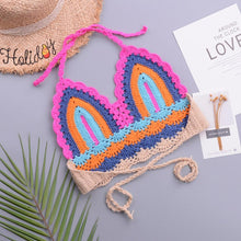 Load image into Gallery viewer, Crochet Bikini Sets Multi Color Knitted Rainbow Striped Off Shoulder Top Bottom Bikini Women's Crochet Striped Lace Up Shorts Bikini Set 2 PCS Knit Bathing Suit Swimsuit Beachwear Bathing Suit Women Swimsuit
