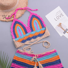 Load image into Gallery viewer, Crochet Bikini Sets Multi Color Knitted Rainbow Striped Off Shoulder Top Bottom Bikini Women's Crochet Striped Lace Up Shorts Bikini Set 2 PCS Knit Bathing Suit Swimsuit Beachwear Bathing Suit Women Swimsuit