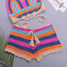 Load image into Gallery viewer, Crochet Bikini Sets Multi Color Knitted Rainbow Striped Off Shoulder Top Bottom Bikini Women's Crochet Striped Lace Up Shorts Bikini Set 2 PCS Knit Bathing Suit Swimsuit Beachwear Bathing Suit Women Swimsuit