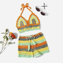 Load image into Gallery viewer, Crochet Bikini Sets Multi Color Knitted Rainbow Striped Off Shoulder Top Bottom Bikini Women's Crochet Striped Lace Up Shorts Bikini Set 2 PCS Knit Bathing Suit Swimsuit Beachwear Bathing Suit Women Swimsuit