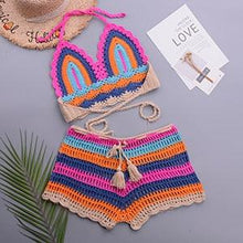 Load image into Gallery viewer, Crochet Bikini Sets Multi Color Knitted Rainbow Striped Off Shoulder Top Bottom Bikini Women's Crochet Striped Lace Up Shorts Bikini Set 2 PCS Knit Bathing Suit Swimsuit Beachwear Bathing Suit Women Swimsuit