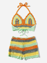 Load image into Gallery viewer, Crochet Bikini Sets Multi Color Knitted Rainbow Striped Off Shoulder Top Bottom Bikini Women's Crochet Striped Lace Up Shorts Bikini Set 2 PCS Knit Bathing Suit Swimsuit Beachwear Bathing Suit Women Swimsuit