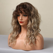 Load image into Gallery viewer, Curly Synthetic Wigs for White Women Medium Length Ombre Brown Blonde Wigs with Bangs High Temperature Cosplay Hair Wigs For Black Women Halloween Party