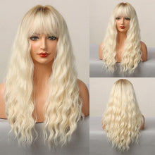 Load image into Gallery viewer, Curly Synthetic Wigs for White Women Medium Length Ombre Brown Blonde Wigs with Bangs High Temperature Cosplay Hair Wigs For Black Women Halloween Party