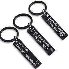 Load image into Gallery viewer, Cute Black Stainless Steel Charm Couple Drive Safe Keychain Gift for Boyfriend & Girlfriend