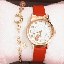 Load image into Gallery viewer, Cute Cat Gold Dial Watch Fashion Kids Leather Strap Quartz Watch Children Set Bracelet Watch Leather Band Luxury Quartz Watches Fashion Creative Wristwatch For Women Girls