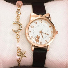 Load image into Gallery viewer, Cute Cat Gold Dial Watch Fashion Kids Leather Strap Quartz Watch Children Set Bracelet Watch Leather Band Luxury Quartz Watches Fashion Creative Wristwatch For Women Girls