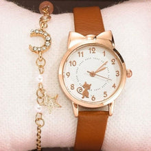 Load image into Gallery viewer, Cute Cat Gold Dial Watch Fashion Kids Leather Strap Quartz Watch Children Set Bracelet Watch Leather Band Luxury Quartz Watches Fashion Creative Wristwatch For Women Girls