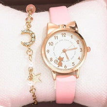 Load image into Gallery viewer, Cute Cat Gold Dial Watch Fashion Kids Leather Strap Quartz Watch Children Set Bracelet Watch Leather Band Luxury Quartz Watches Fashion Creative Wristwatch For Women Girls