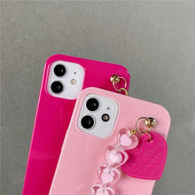 Load image into Gallery viewer, Cute Love Heart Strap Chain Wrist Band Phone Case Bracelet Love-Heart Chain Bracelet Strap Design with Shockproof Soft Back Cover Protective Bumper Case for Women Girls Candy Color Case for iPhone 13 12 11 Pro Soft Cover