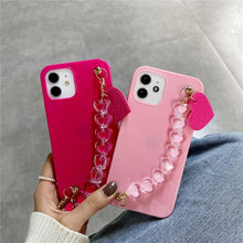Load image into Gallery viewer, Cute Love Heart Strap Chain Wrist Band Phone Case Bracelet Love-Heart Chain Bracelet Strap Design with Shockproof Soft Back Cover Protective Bumper Case for Women Girls Candy Color Case for iPhone 13 12 11 Pro Soft Cover