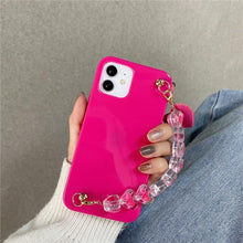 Load image into Gallery viewer, Cute Love Heart Strap Chain Wrist Band Phone Case Bracelet Love-Heart Chain Bracelet Strap Design with Shockproof Soft Back Cover Protective Bumper Case for Women Girls Candy Color Case for iPhone 13 12 11 Pro Soft Cover