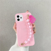 Load image into Gallery viewer, Cute Love Heart Strap Chain Wrist Band Phone Case Bracelet Love-Heart Chain Bracelet Strap Design with Shockproof Soft Back Cover Protective Bumper Case for Women Girls Candy Color Case for iPhone 13 12 11 Pro Soft Cover