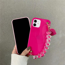 Load image into Gallery viewer, Cute Love Heart Strap Chain Wrist Band Phone Case Bracelet Love-Heart Chain Bracelet Strap Design with Shockproof Soft Back Cover Protective Bumper Case for Women Girls Candy Color Case for iPhone 13 12 11 Pro Soft Cover
