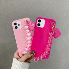 Load image into Gallery viewer, Cute Love Heart Strap Chain Wrist Band Phone Case Bracelet Love-Heart Chain Bracelet Strap Design with Shockproof Soft Back Cover Protective Bumper Case for Women Girls Candy Color Case for iPhone 13 12 11 Pro Soft Cover