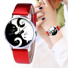Load image into Gallery viewer, Cute White And Black Cats Couple Watches With PU Leather Strap And Round Dial Quartz Watches For Women Cat Dial With Stainless Steel Mesh Band Genuine Leather Strap Comfortable Ladies Wristwatch