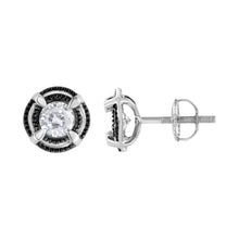 Load image into Gallery viewer, Black Rhodium Plated .925 Sterling Silver Round 1-1/2 cttw Diamond Double Halo 4-Prong Solitaire Milgrain Stud Earrings (H-I Color, I2-I3 Clarity)
