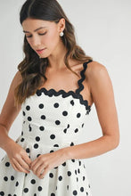 Load image into Gallery viewer, Polka Dot Mini Dress with Ricrac Trim Strap – Fun Polka Dot Pattern, Fluttering, Unique Ricrac Trim Strap, Playful and Stylish Mini Dress, Versatile Summer Dress