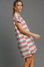 Load image into Gallery viewer, Peace Applique Striped Short Sleeve Mini Dress – Trendy Stripes, Playful Peace Applique, and High-Low Hem for a Chic Casual Look
