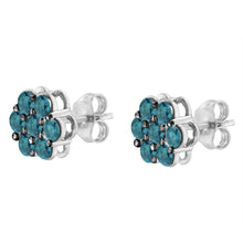 Load image into Gallery viewer, Sterling Silver Treated Blue Diamond Floral Stud Earrings (1 cttw, Blue Color, I2-I3 Clarity)