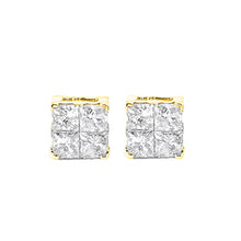 Load image into Gallery viewer, 10K Yellow Gold Plated .925 Sterling Silver 1.0 Cttw Princess-Cut Diamond Composite Multi Stone Stud Earrings (J-K Color, SI2-I1 Clarity)