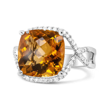 Load image into Gallery viewer, 14K White Gold 12mm Cushion Cut Yellow Citrine Gemstone and 1/3 Cttw Round Pave-Set Diamond Ring - (H-I Color, VS1-VS2 Clarity)- Size 6.5