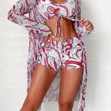 Load image into Gallery viewer, Modern Geo 3-Piece Bikini Set – Vibrant Geometric Print Fluttering Swimwear with V-Neck Top Boxer Shorts Bottoms and Long Sleeve Cover Shirt – Comfortable High-Stretch Women’s Beachwear for Pool & Summer Vacations
