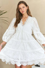 Load image into Gallery viewer, Lace Detail Tiered Eyelet V-Neck Babydoll Dress For Women – Feminine Boho Chic Dress, Fluttering, Elegant Lace & Eyelet