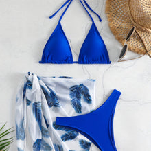 Load image into Gallery viewer, Feather Luxe 3-Piece Bikini Set – Exotic Feather Print Halter Neck Backless Swimsuit with High Cut Tie Back Bottoms and Wrap Cover-Up – Women’s High-Stretch Comfortable Swimwear for Summer Beach & Pool Vacations