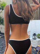 Load image into Gallery viewer, Bikini Scoop Neck Contrast Trim 2 Piece Swimsuit for Women – High Stretch Casual Bikini Set with Scallop Edge Detail and Matching Swim Briefs – Stylish Solid Color Swimwear for Beach Days Pool Lounging and Summer Vacations