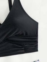 Load image into Gallery viewer, Bikini Solid Black Twist Front High Waist 2 Piece Swimsuit for Women – Stretchy V Neck Bikini Set with Ruched Tummy Control and Cross Strape Detail – Quick Drying Polyamide Swimwear for Beachwear Poolside and Summer Travel