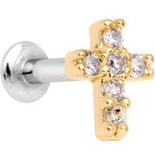 Load image into Gallery viewer, 1/4 Clear CZ Internally Threaded Gold Tone Cross Labret Monroe