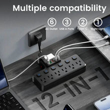 Load image into Gallery viewer, 12-in-1 Adjustable Desk Lamp Power Strip – 6 AC Outlets, 3 USB-A & 2 Type-C Ports, Surge Protection