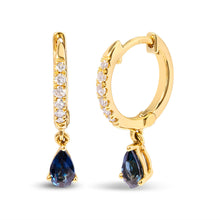 Load image into Gallery viewer, 10K Yellow Gold Pear Blue Sapphire and 1/10 Cttw Diamond Drop and Dangle Huggy Hoop Earrings (H-I Color, I1-I2 Clarity)