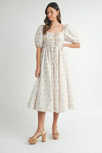 Load image into Gallery viewer, Floral Drawstring Detail Puff Sleeve Midi Dress – Romantic Floral Midi Dress, Ruched Drawstring Dress, Feminine Puff Sleeve Dress, Trendy Garden Party Dress For Summer