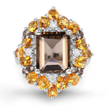 Load image into Gallery viewer, 6.72 Carat Genuine Smoky Quartz, Citrine and White Diamond .925 Sterling Silver Ring