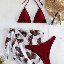 Load image into Gallery viewer, Feather Luxe 3-Piece Bikini Set – Exotic Feather Print Halter Neck Backless Swimsuit with High Cut Tie Back Bottoms and Wrap Cover-Up – Women’s High-Stretch Comfortable Swimwear for Summer Beach & Pool Vacations