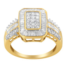 Load image into Gallery viewer, 10K Yellow Gold Round and Baguette-Cut Diamond Cluster Ring (1.0 Cttw, I-J Color, SI1-SI2 Clarity) - Size 7