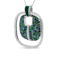 Load image into Gallery viewer, .925 Sterling Silver Green Enamel Pendant with 1/2 Cttw Diamond, Sapphire, and Tsavorite Openwork Statement 18" Pendant Necklace (F-G Color, VS1-VS2 Clarity)